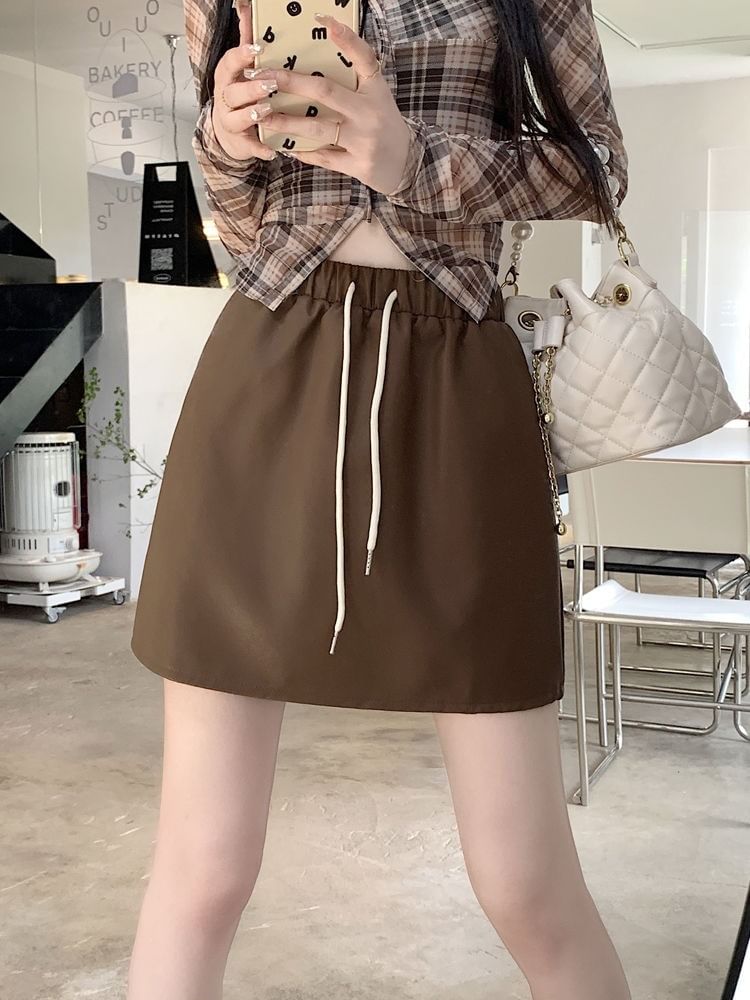 Mini A-Line Skirt Waist Plain Leather Faux Drawstring