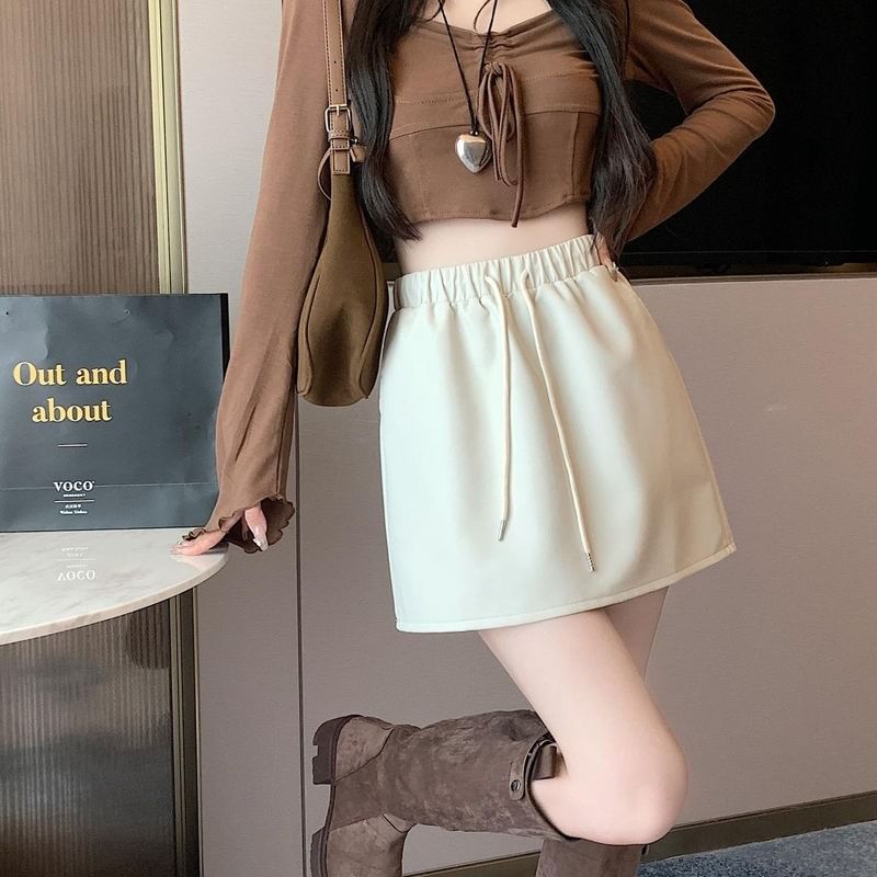 Mini A-Line Skirt Waist Plain Leather Faux Drawstring