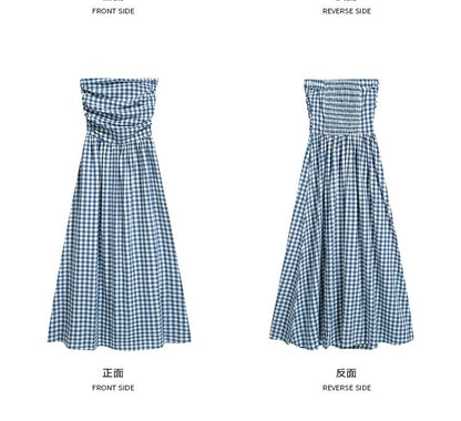 Plaid Ruched Maxi A-Line Tube Dress