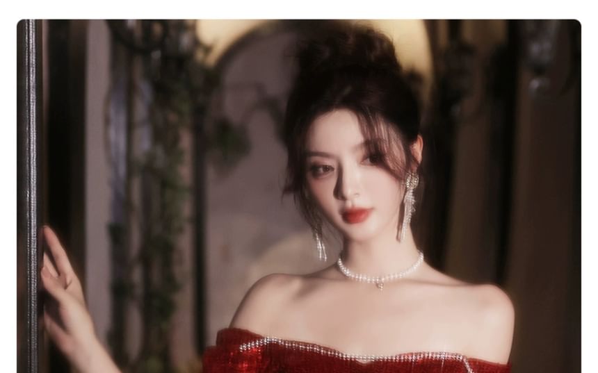 Gown Slit Neck Plain A-Line Sequin Square Evening Short-Sleeve