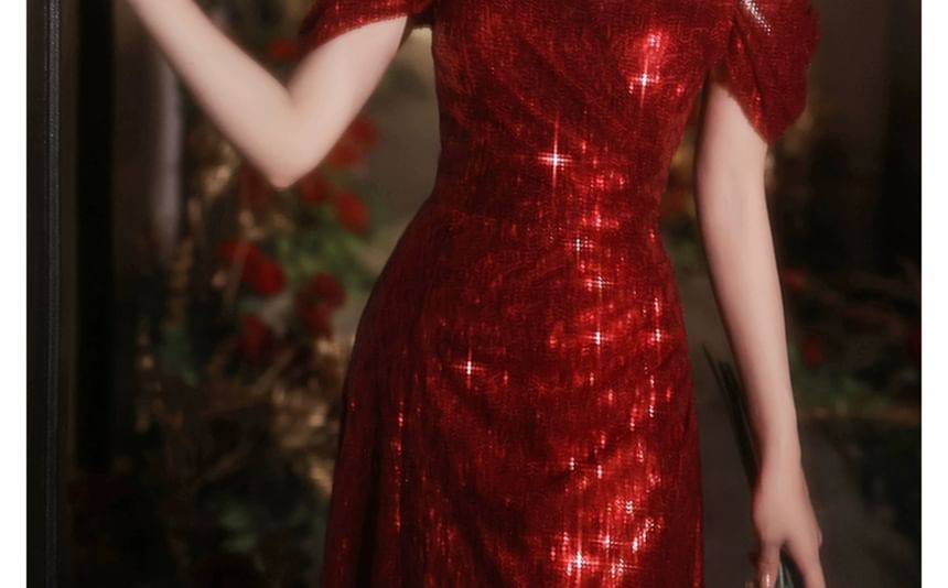 Gown Slit Neck Plain A-Line Sequin Square Evening Short-Sleeve