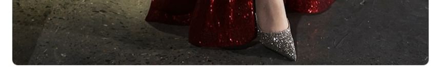 Gown Slit Neck Plain A-Line Sequin Square Evening Short-Sleeve