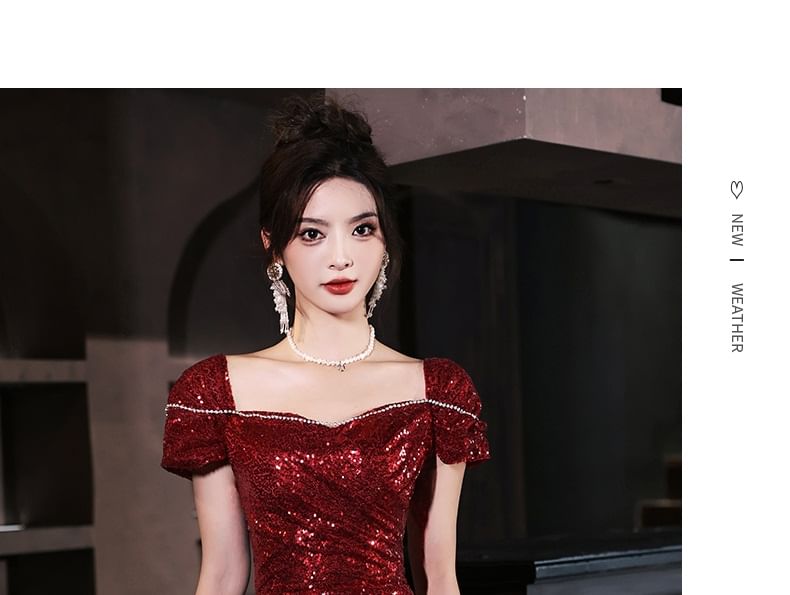 Gown Slit Neck Plain A-Line Sequin Square Evening Short-Sleeve