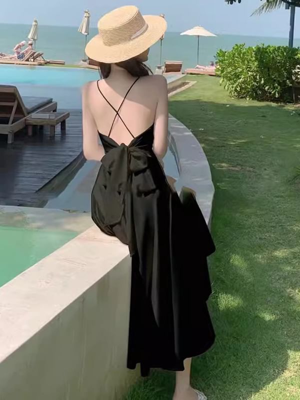 A-Line Spaghetti Maxi Plain Dress V-Neck Strap