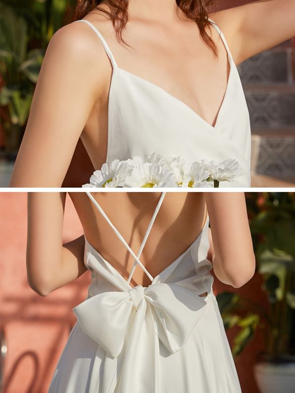 A-Line Spaghetti Maxi Plain Dress V-Neck Strap