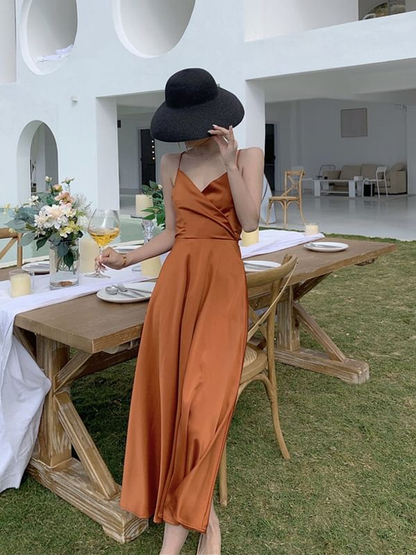 A-Line Spaghetti Maxi Plain Dress V-Neck Strap