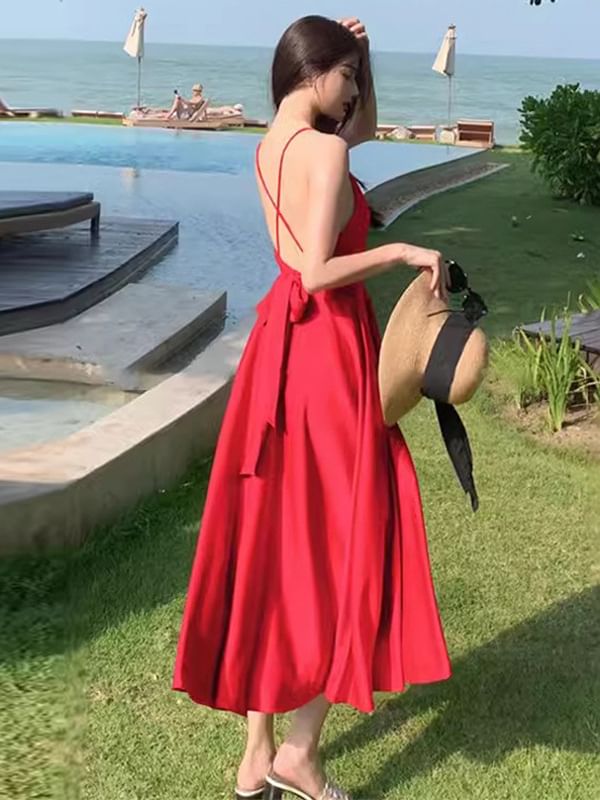 A-Line Spaghetti Maxi Plain Dress V-Neck Strap
