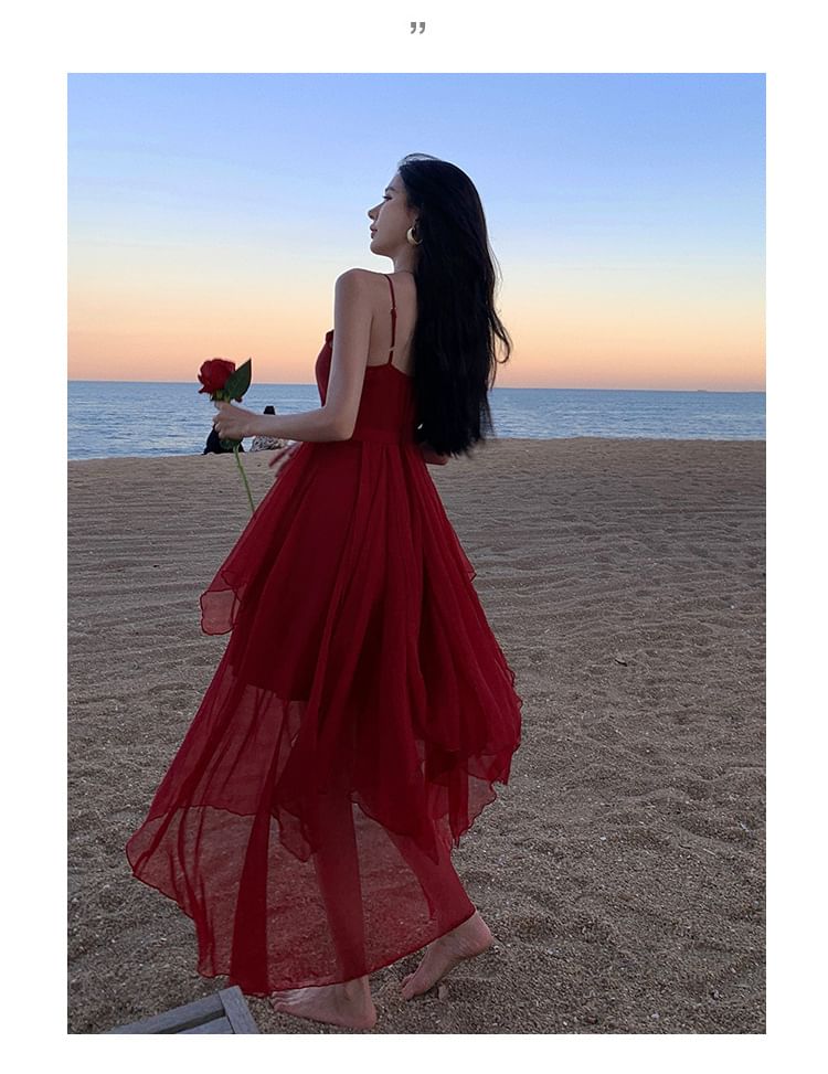 Spaghetti Strap Dress A-Line Sheer Asymmetrical