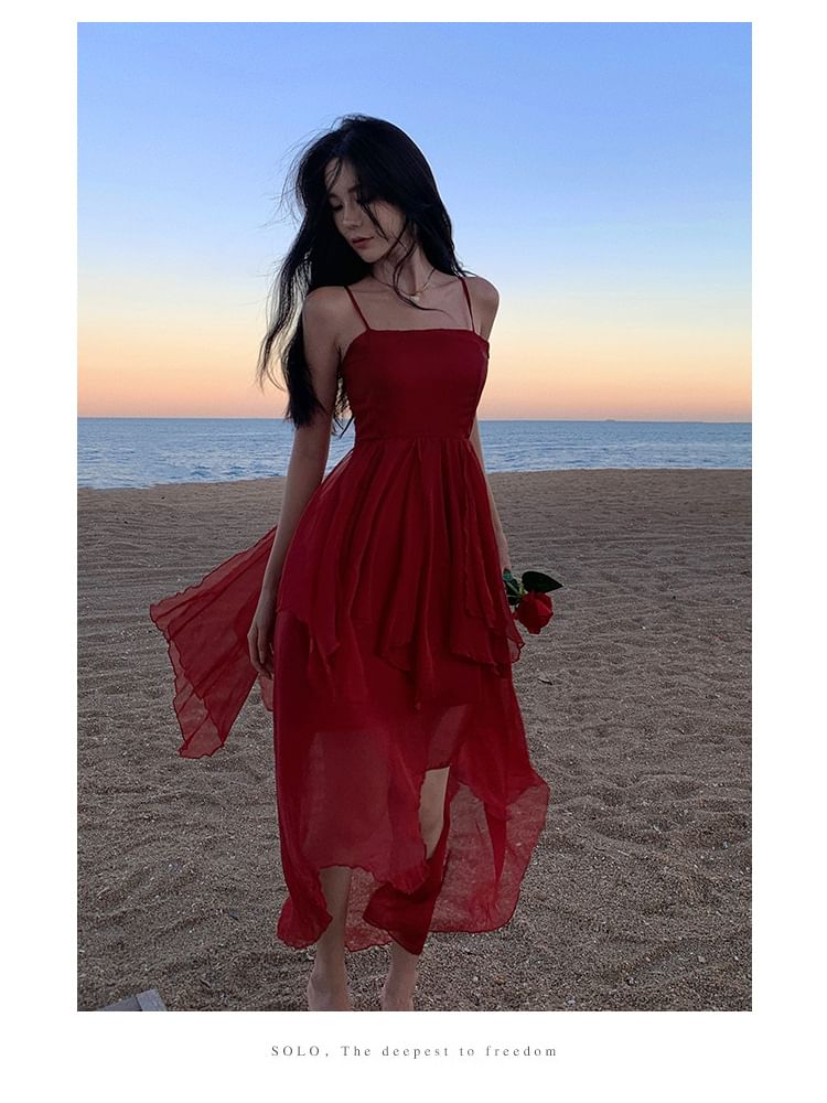 Spaghetti Strap Dress A-Line Sheer Asymmetrical