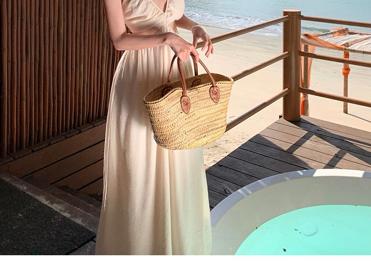 Cutout A-Line Spaghetti Strap Dress Maxi V-Neck Plain