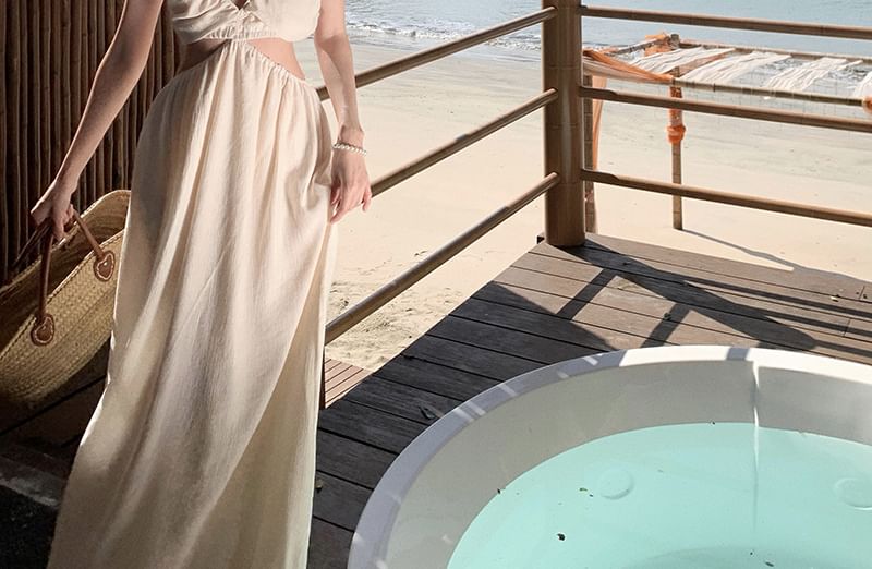 Cutout A-Line Spaghetti Strap Dress Maxi V-Neck Plain