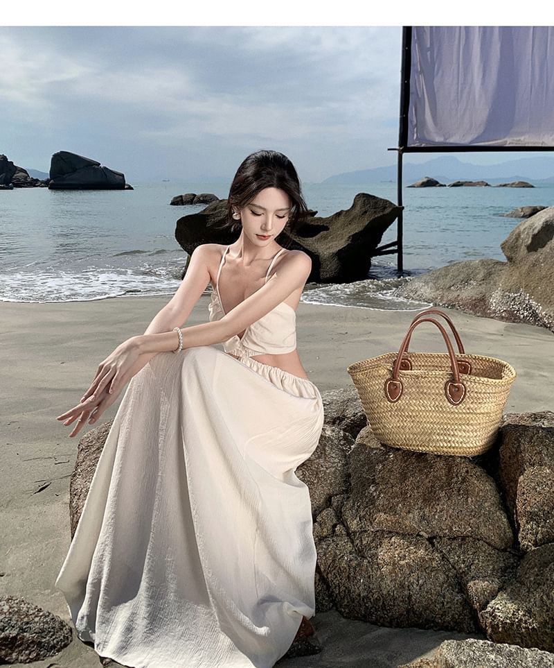 Cutout A-Line Spaghetti Strap Dress Maxi V-Neck Plain