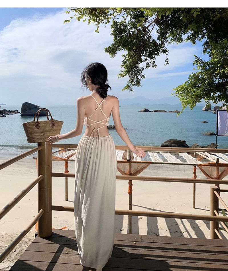 Cutout A-Line Spaghetti Strap Dress Maxi V-Neck Plain