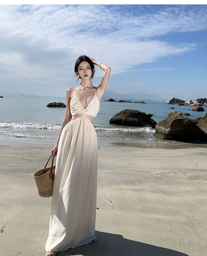 Cutout A-Line Spaghetti Strap Dress Maxi V-Neck Plain