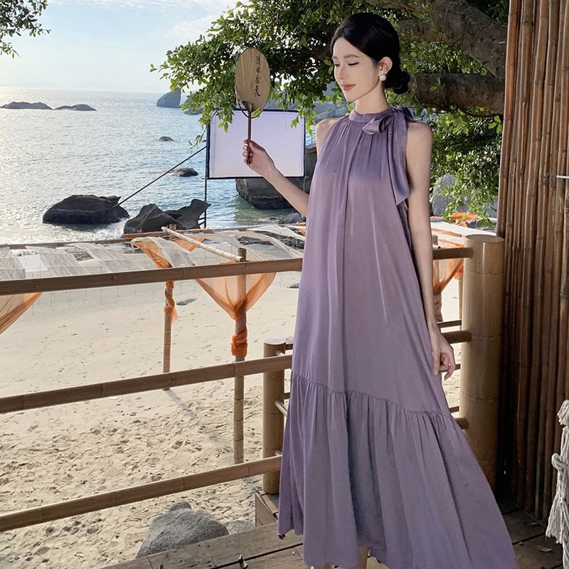 Sleeveless Maxi Dress A-Line Plain Crewneck