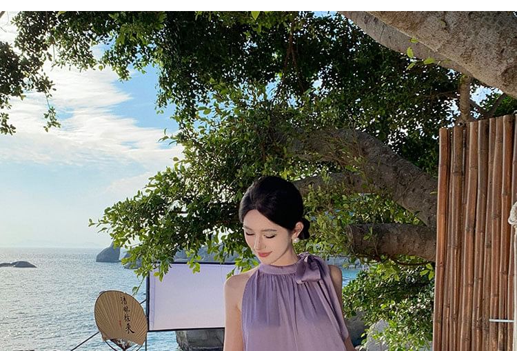 Sleeveless Maxi Dress A-Line Plain Crewneck