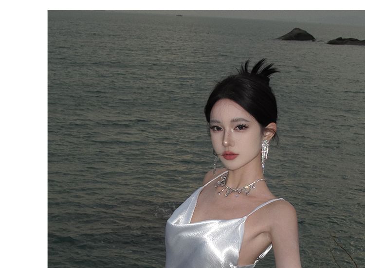 Back Dress Sheath Maxi Open Plain Strap Spaghetti