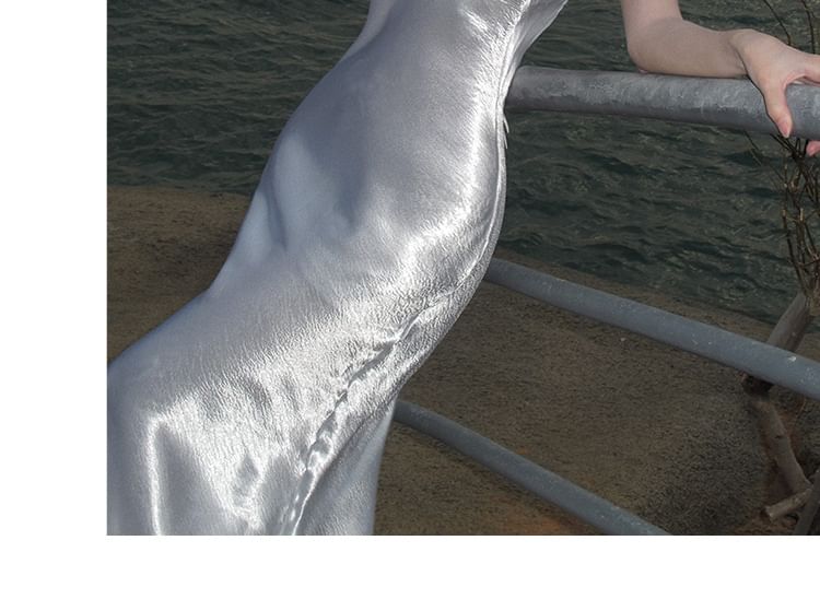 Back Dress Sheath Maxi Open Plain Strap Spaghetti