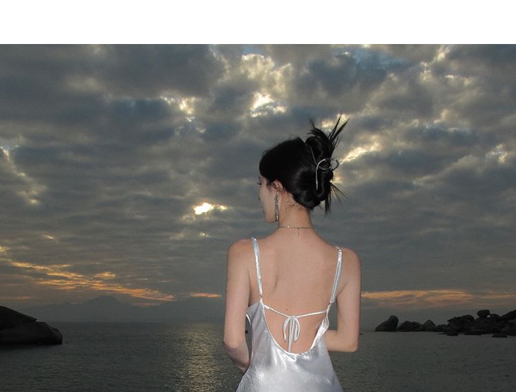 Back Dress Sheath Maxi Open Plain Strap Spaghetti