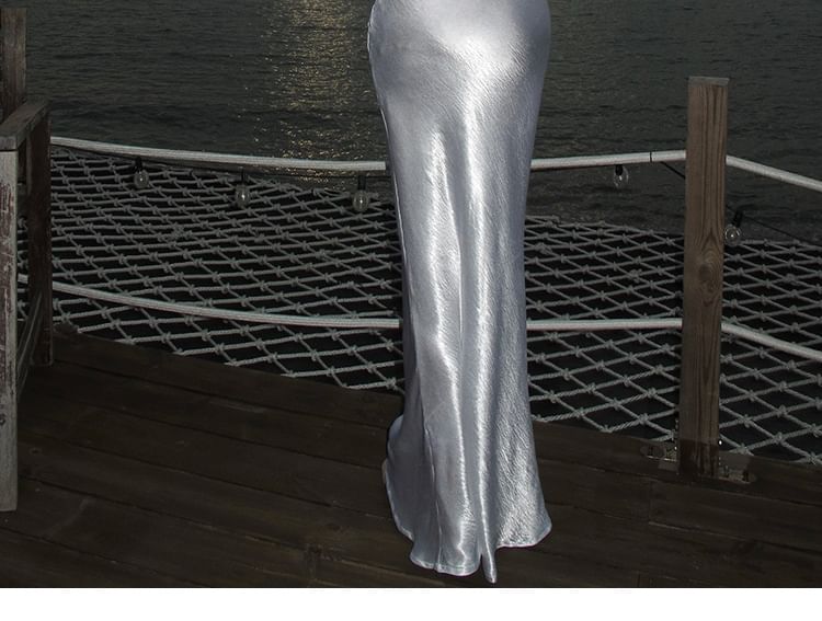 Back Dress Sheath Maxi Open Plain Strap Spaghetti