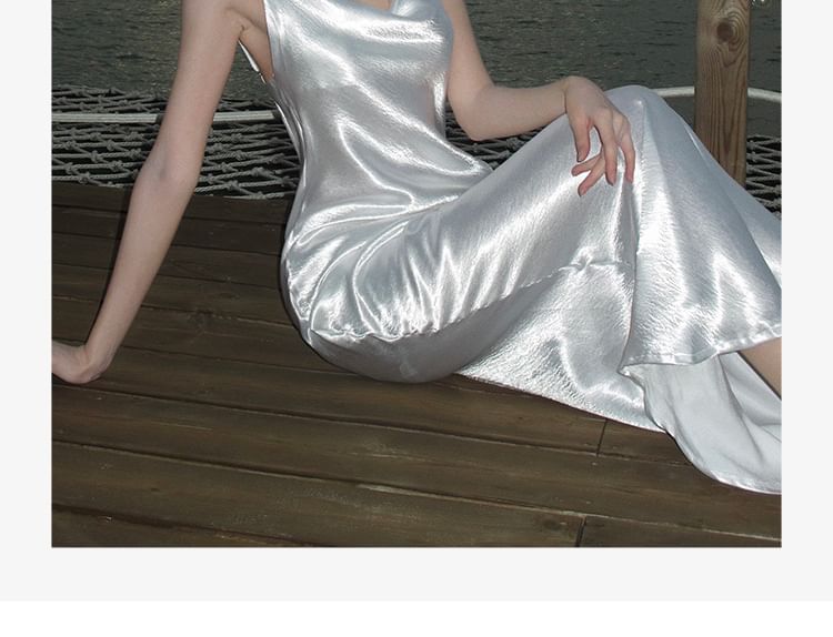 Back Dress Sheath Maxi Open Plain Strap Spaghetti