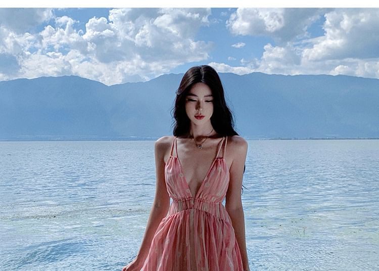 Dress Spaghetti A-Line Print Maxi Strap V-Neck Floral