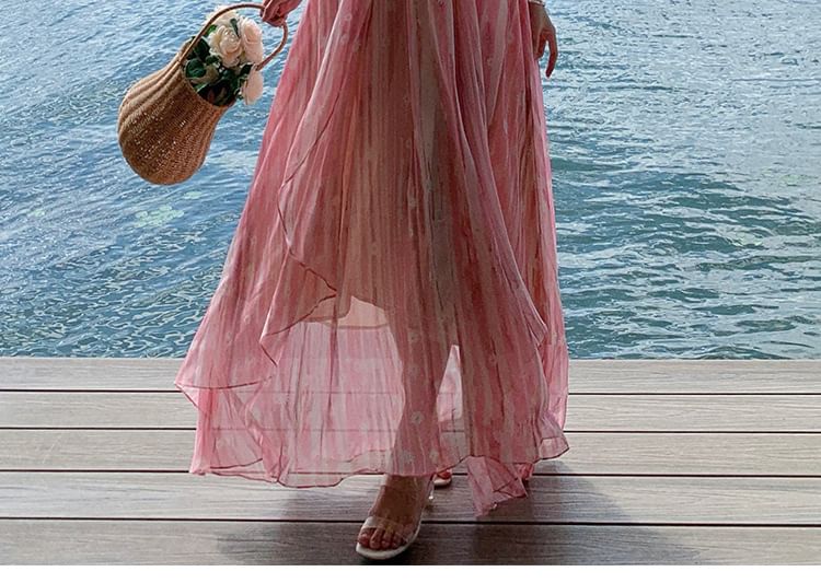 Dress Spaghetti A-Line Print Maxi Strap V-Neck Floral