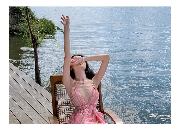 Dress Spaghetti A-Line Print Maxi Strap V-Neck Floral