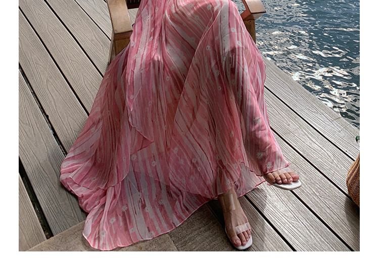 Dress Spaghetti A-Line Print Maxi Strap V-Neck Floral