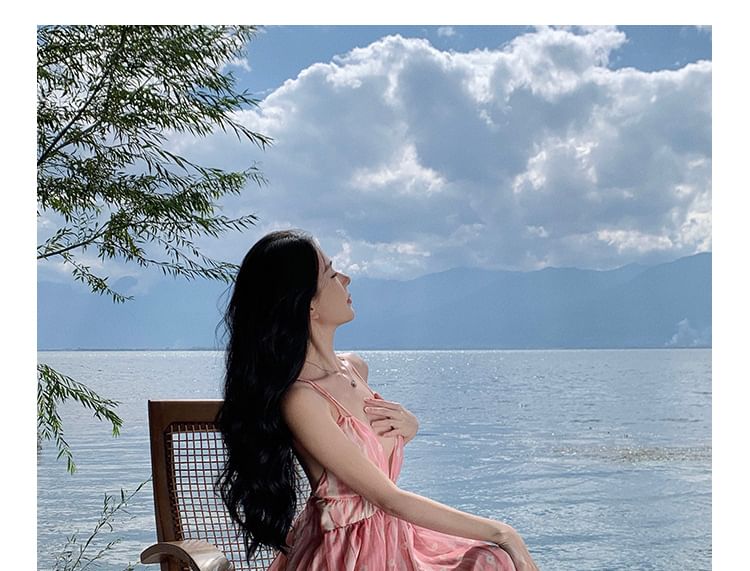 Dress Spaghetti A-Line Print Maxi Strap V-Neck Floral