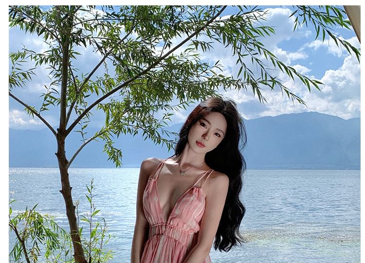 Dress Spaghetti A-Line Print Maxi Strap V-Neck Floral