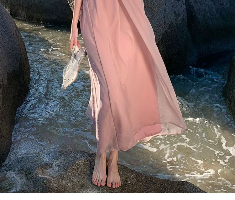 Halter A-Line Dress Back Neck Plain Open Midi