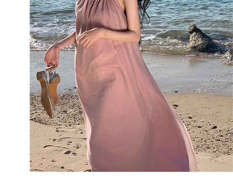 Halter A-Line Dress Back Neck Plain Open Midi