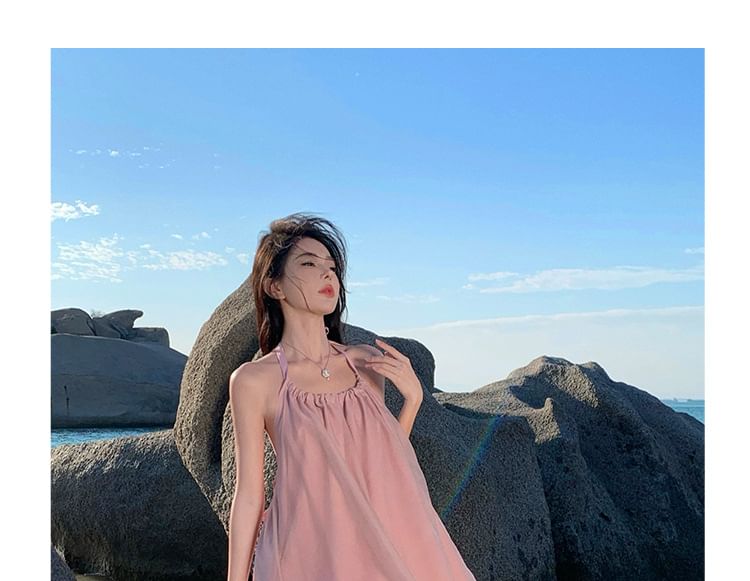 Halter A-Line Dress Back Neck Plain Open Midi