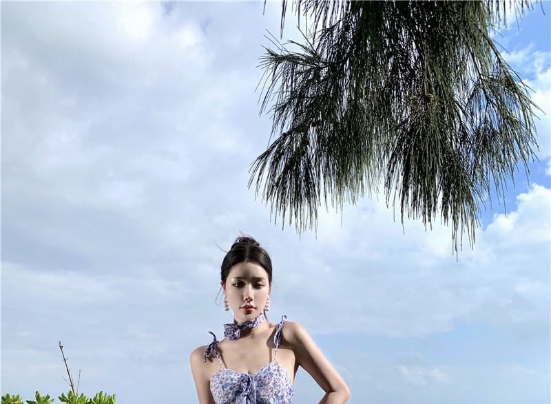 Floral A-Line Strap Dress Midi Print Spaghetti