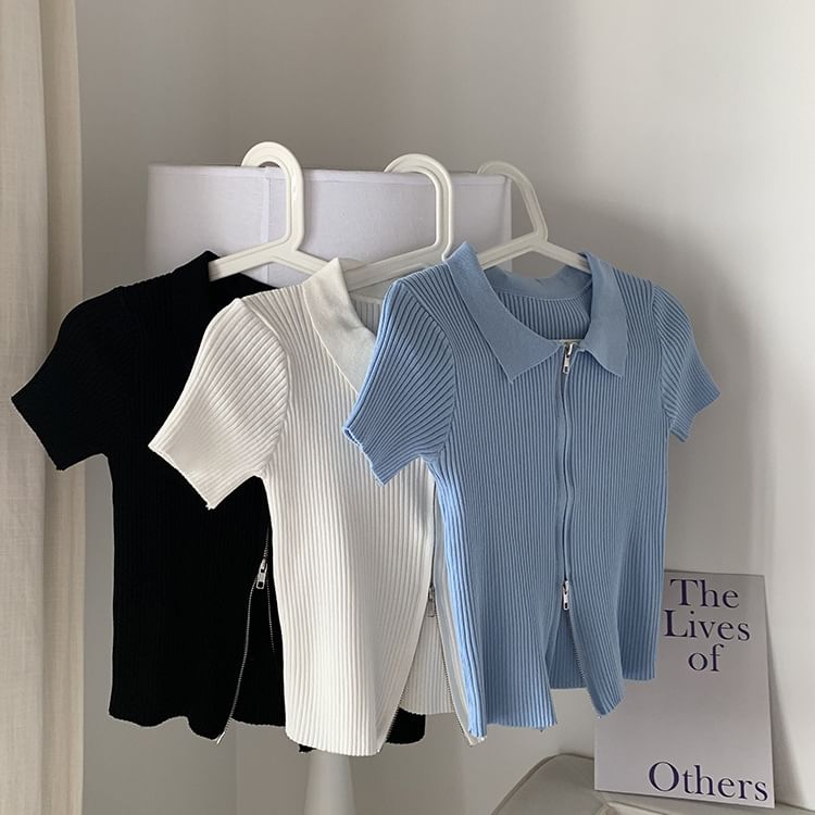 Top Polo Plain Short-Sleeve Zip Knit