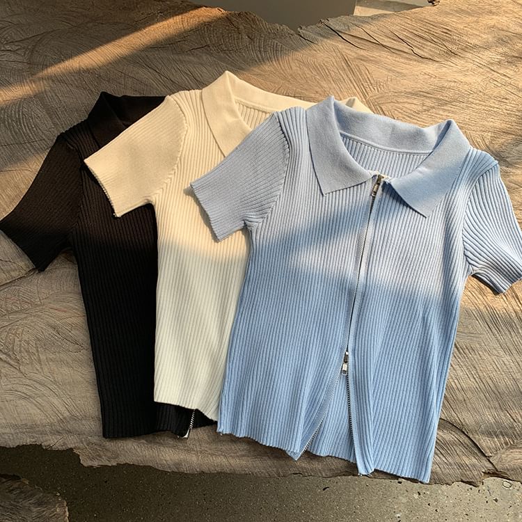 Top Polo Plain Short-Sleeve Zip Knit