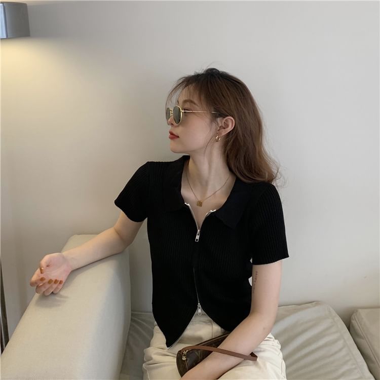 Top Polo Plain Short-Sleeve Zip Knit