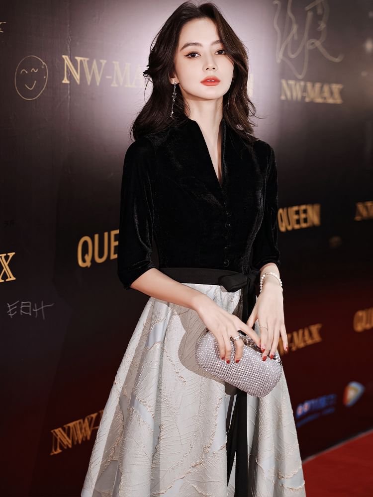 Evening / A-Line Gown V-Neck Elbow-Sleeve Dress