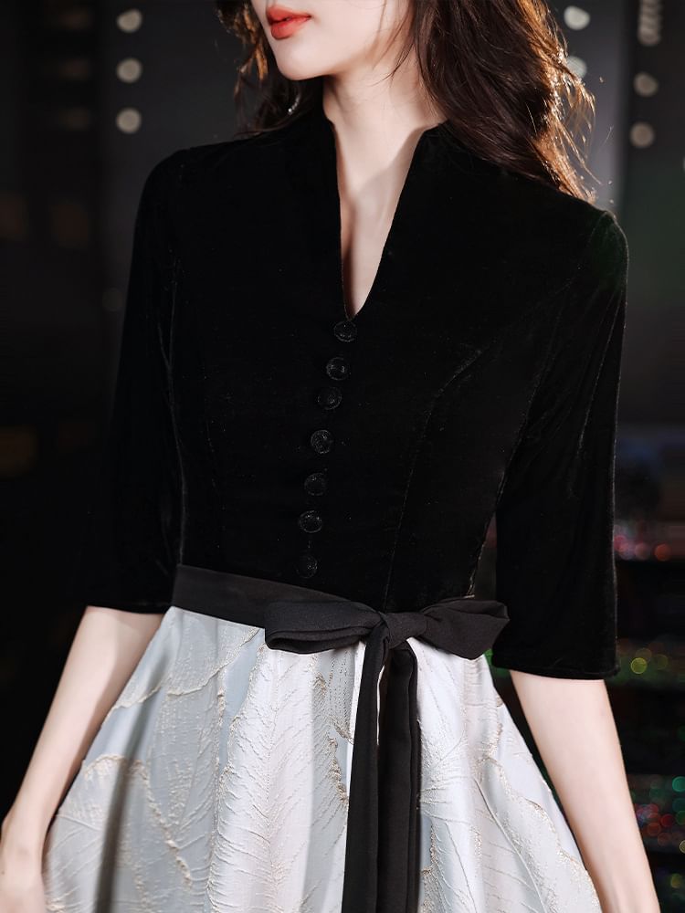 Evening / A-Line Gown V-Neck Elbow-Sleeve Dress