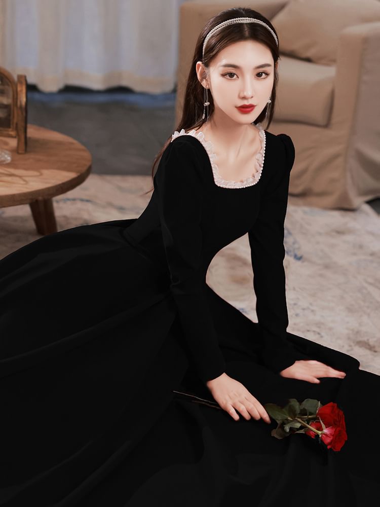 Gown Neck Designs) / Dress (Various A-Line Plain Long-Sleeve Square Evening
