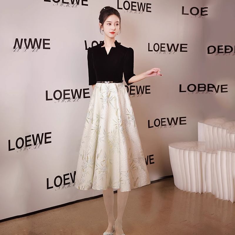 A-Line Dress Notched / Elbow-Sleeve Gown Evening