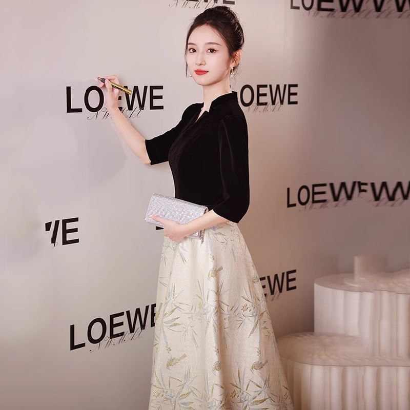 A-Line Dress Notched / Elbow-Sleeve Gown Evening