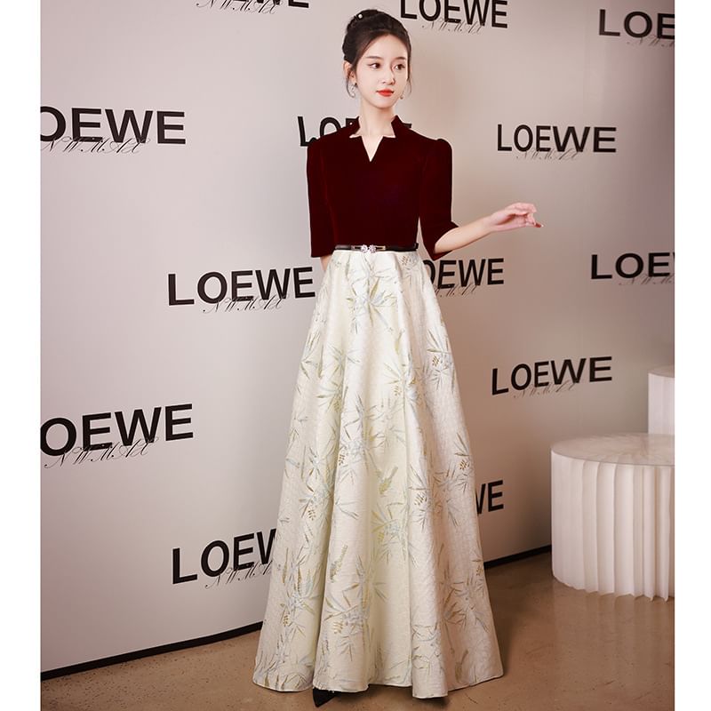 A-Line Dress Notched / Elbow-Sleeve Gown Evening