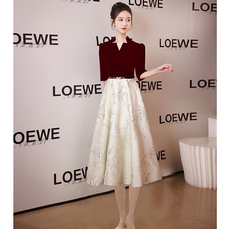 A-Line Dress Notched / Elbow-Sleeve Gown Evening