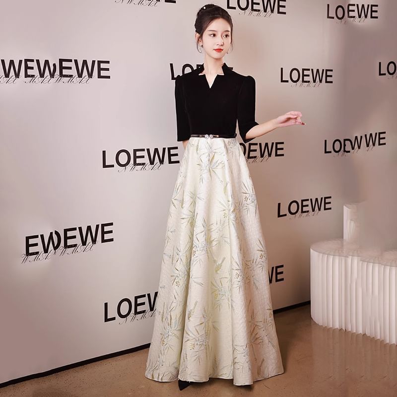 A-Line Dress Notched / Elbow-Sleeve Gown Evening