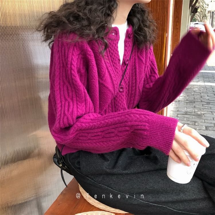 Knit Button-Up Cable Plain Cardigan