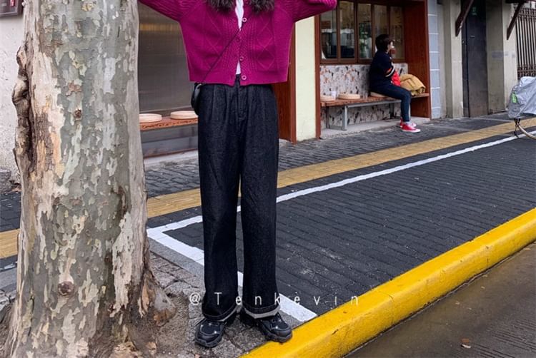 Knit Button-Up Cable Plain Cardigan