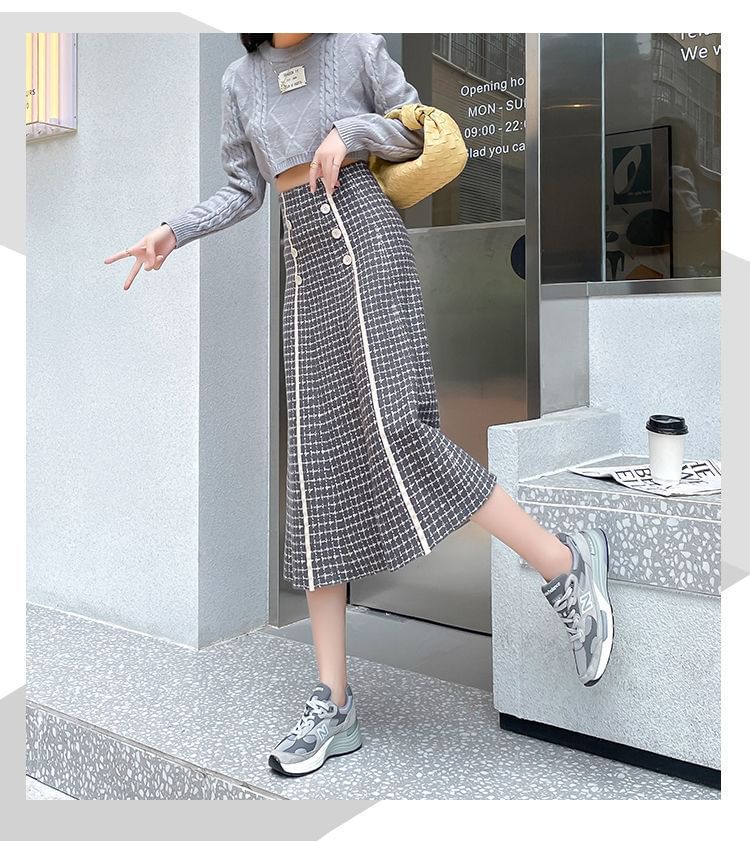 Plaid A-Line Midi High Knit Waist Skirt