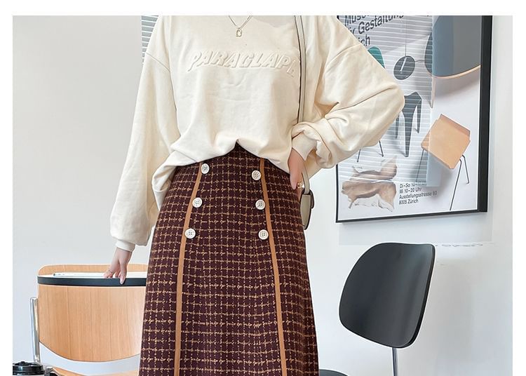 Plaid A-Line Midi High Knit Waist Skirt